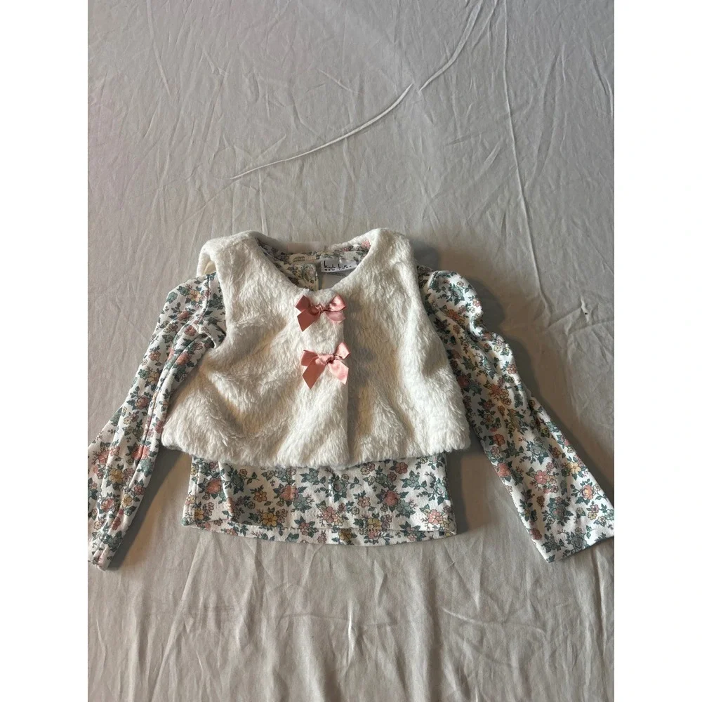 Nicole Miller Floral Top and Faux Fur Vest Set Baby‎ Girl 12M White Pink